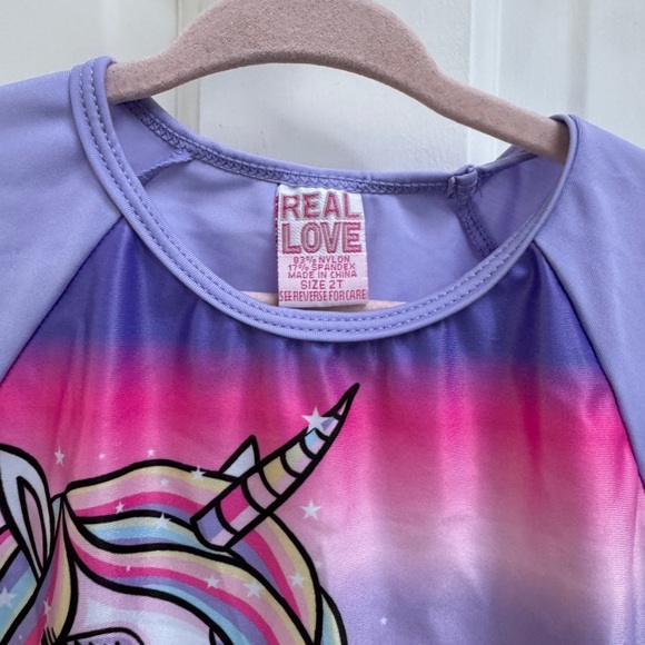 NWOT Real Love 2T Girls Pink & Purple Unicorn Swim Rashguard Shirt - Picture 3 of 4